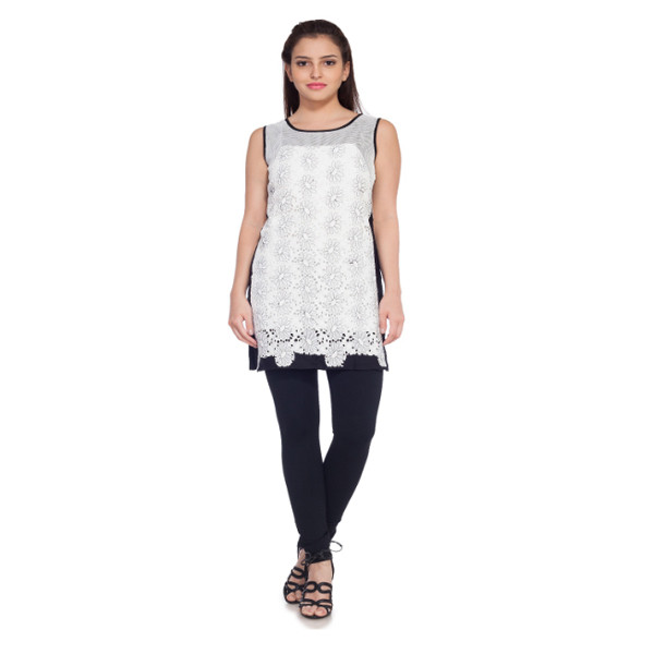 SOIE Tunic Casual Sleeveless Round Neck Women Top (Black and Off White,Green and Off White)